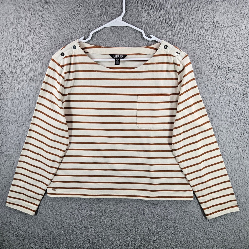 Lauren Ralph Lauren Cream and Tan Striped Long-Sleeve Boatneck Tee
